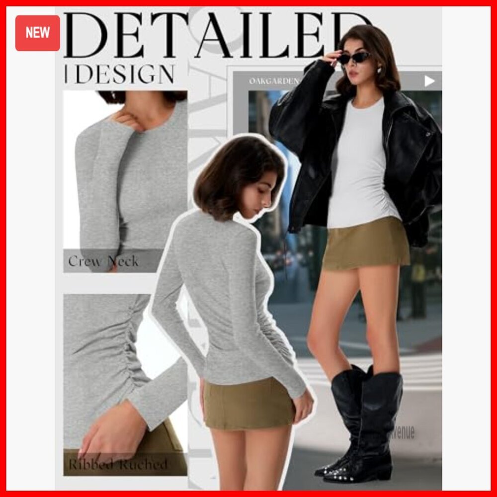 3 Pack Women's Ribbed Long Sleeve Cotton T-Shirts Slim Fit Crew Neck - Picture 5 of 7
